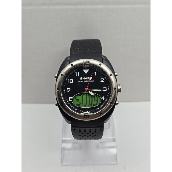 Sharp Analog Digital Quartz Sport Watch 5 ATM Black Rubber Band New Battery Mens - Picture 1 of 12